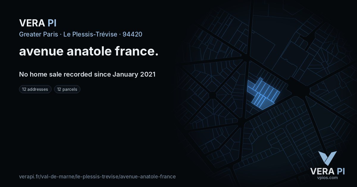 avenue anatole france, Le Plessis-Trévise at night – every parcel coloured by the prices around it, the street's own parcels lit