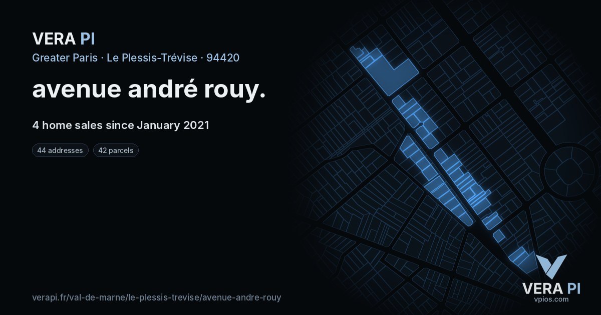 avenue andré rouy, Le Plessis-Trévise at night – every parcel coloured by the prices around it, the street's own parcels lit