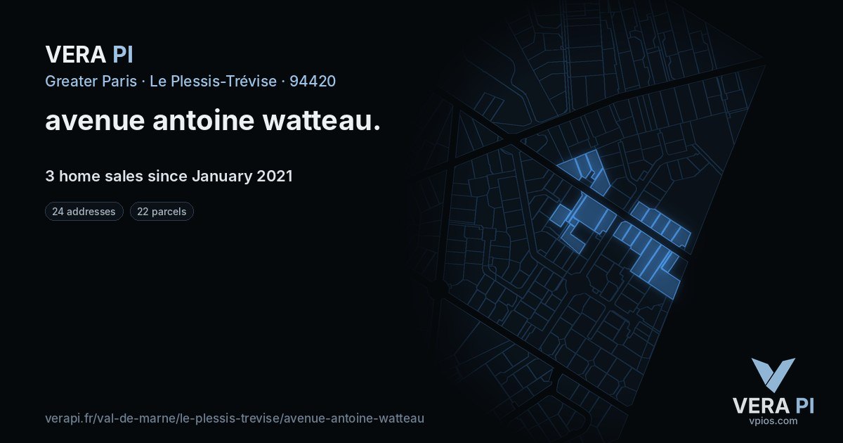 avenue antoine watteau, Le Plessis-Trévise at night – every parcel coloured by the prices around it, the street's own parcels lit