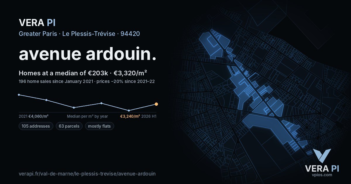 avenue ardouin, Le Plessis-Trévise at night – every parcel coloured by the prices around it, the street's own parcels lit