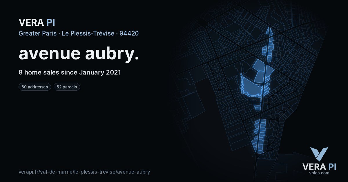 avenue aubry, Le Plessis-Trévise at night – every parcel coloured by the prices around it, the street's own parcels lit