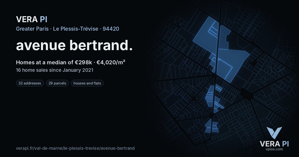 avenue bertrand, Le Plessis-Trévise at night – every parcel coloured by the prices around it, the street's own parcels lit