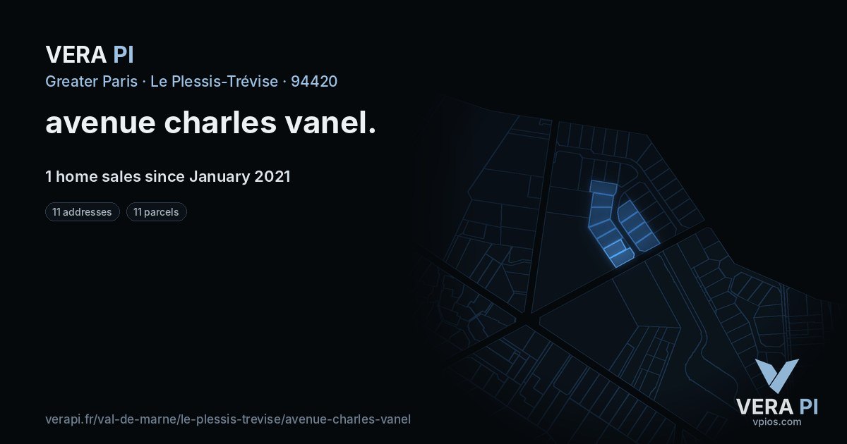 avenue charles vanel, Le Plessis-Trévise at night – every parcel coloured by the prices around it, the street's own parcels lit