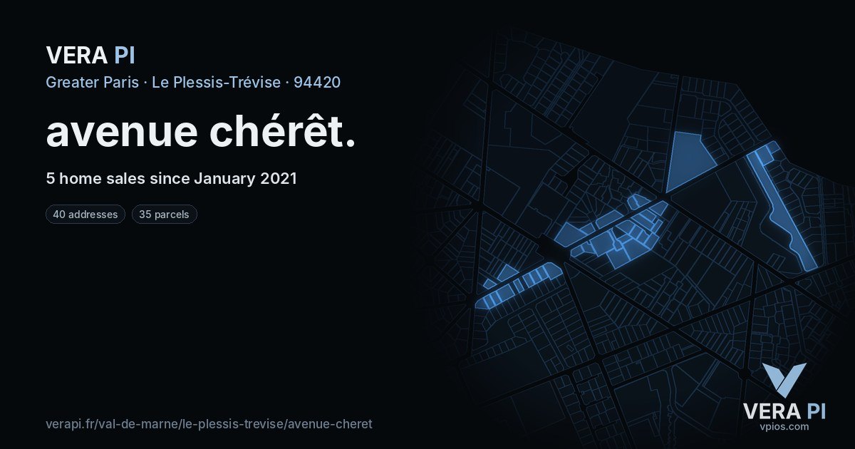 avenue chérêt, Le Plessis-Trévise at night – every parcel coloured by the prices around it, the street's own parcels lit