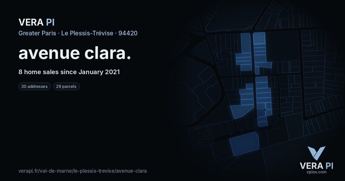 avenue clara, Le Plessis-Trévise at night – every parcel coloured by the prices around it, the street's own parcels lit