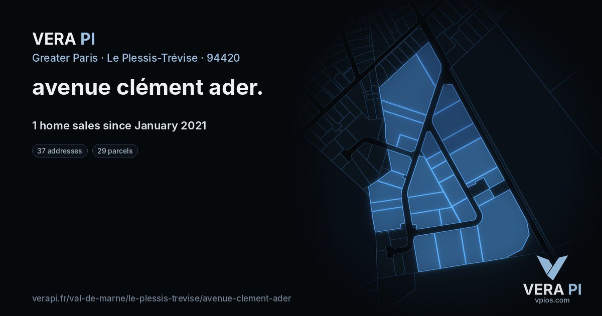avenue clément ader, Le Plessis-Trévise at night – every parcel coloured by the prices around it, the street's own parcels lit