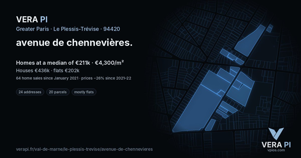 avenue de chennevières, Le Plessis-Trévise at night – every parcel coloured by the prices around it, the street's own parcels lit
