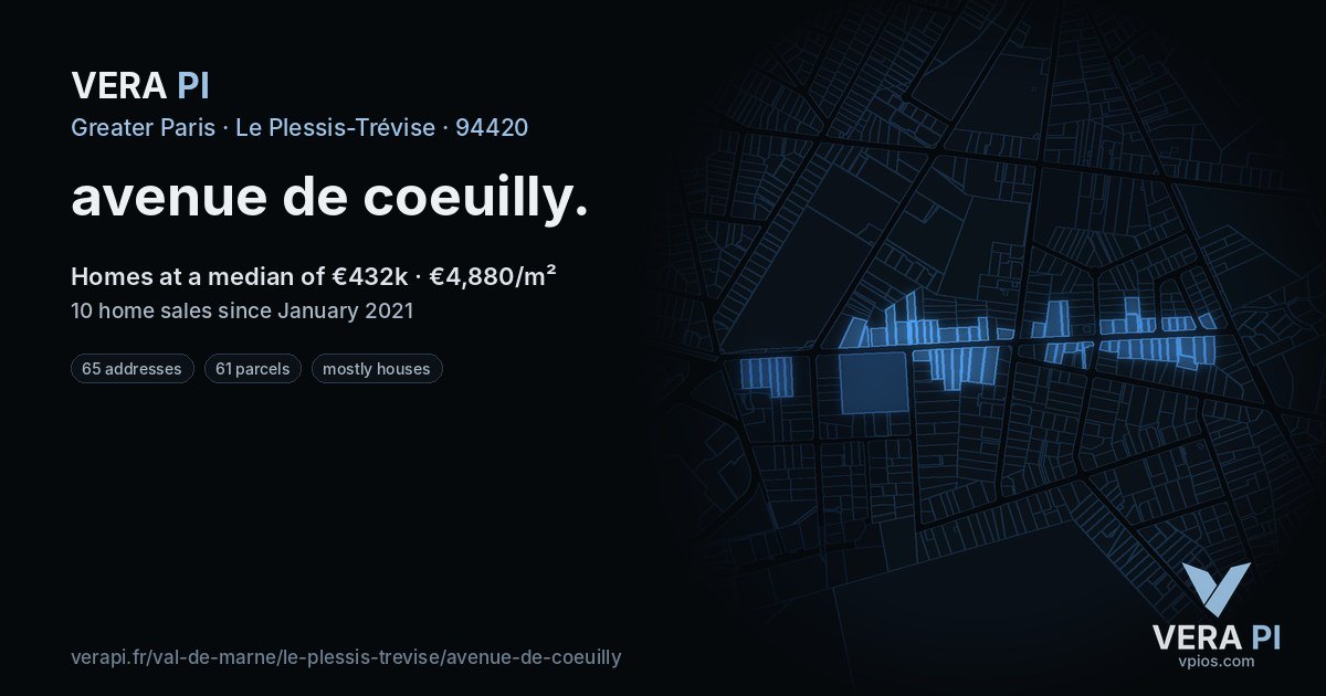 avenue de coeuilly, Le Plessis-Trévise at night – every parcel coloured by the prices around it, the street's own parcels lit