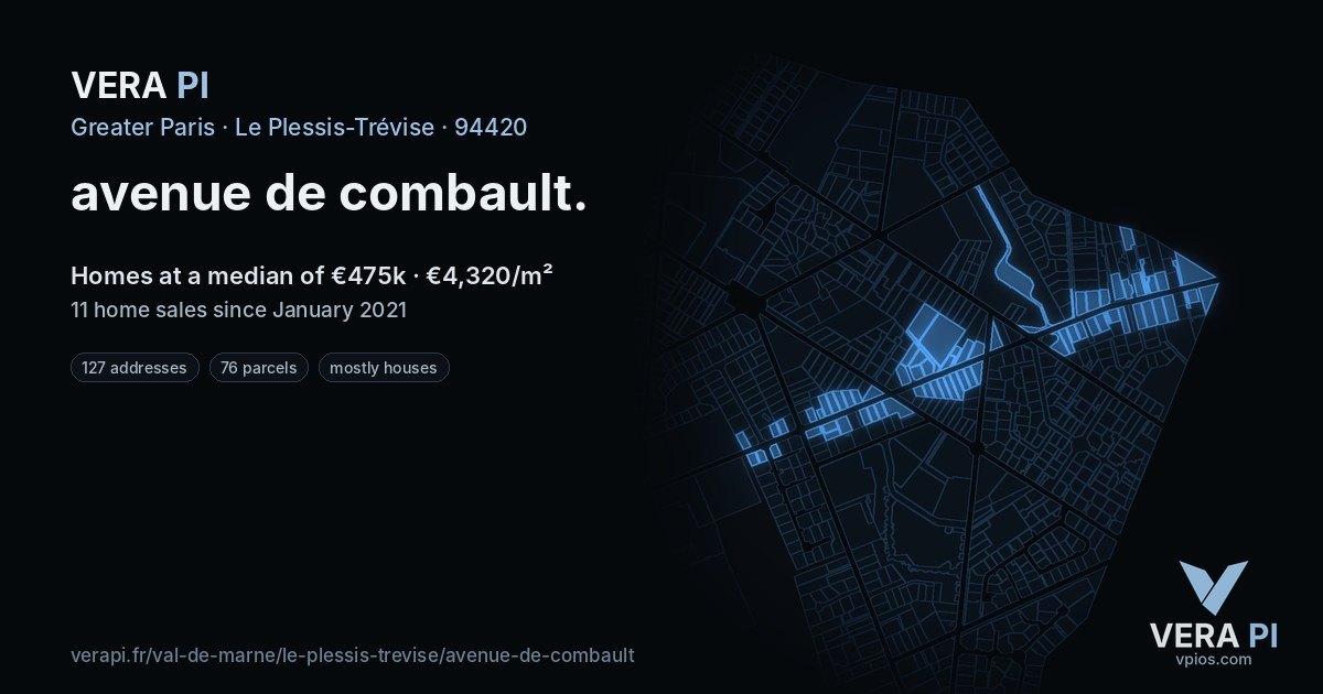 avenue de combault, Le Plessis-Trévise at night – every parcel coloured by the prices around it, the street's own parcels lit