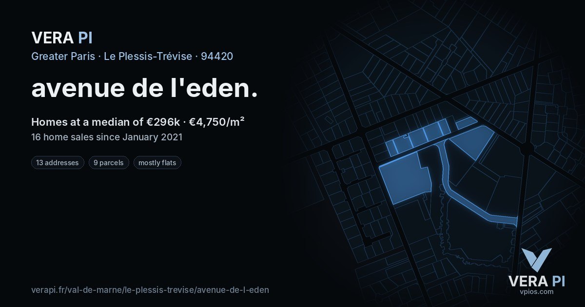 avenue de l'eden, Le Plessis-Trévise at night – every parcel coloured by the prices around it, the street's own parcels lit