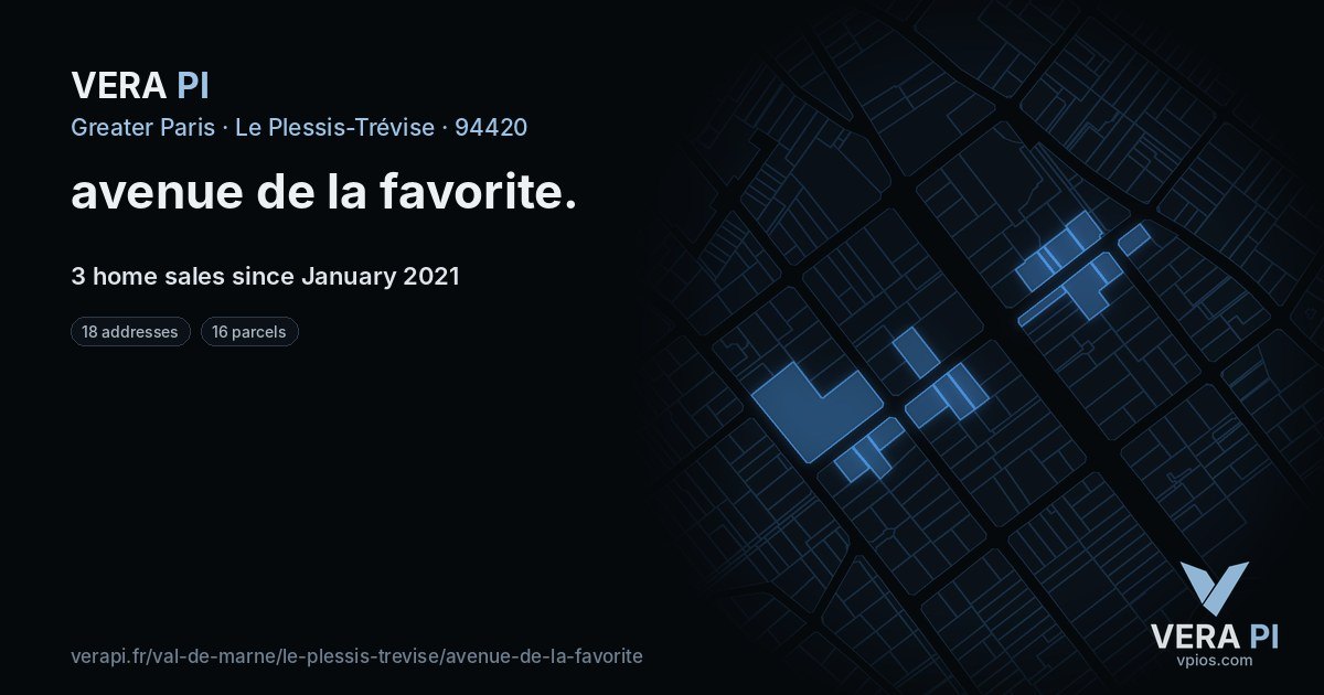 avenue de la favorite, Le Plessis-Trévise at night – every parcel coloured by the prices around it, the street's own parcels lit