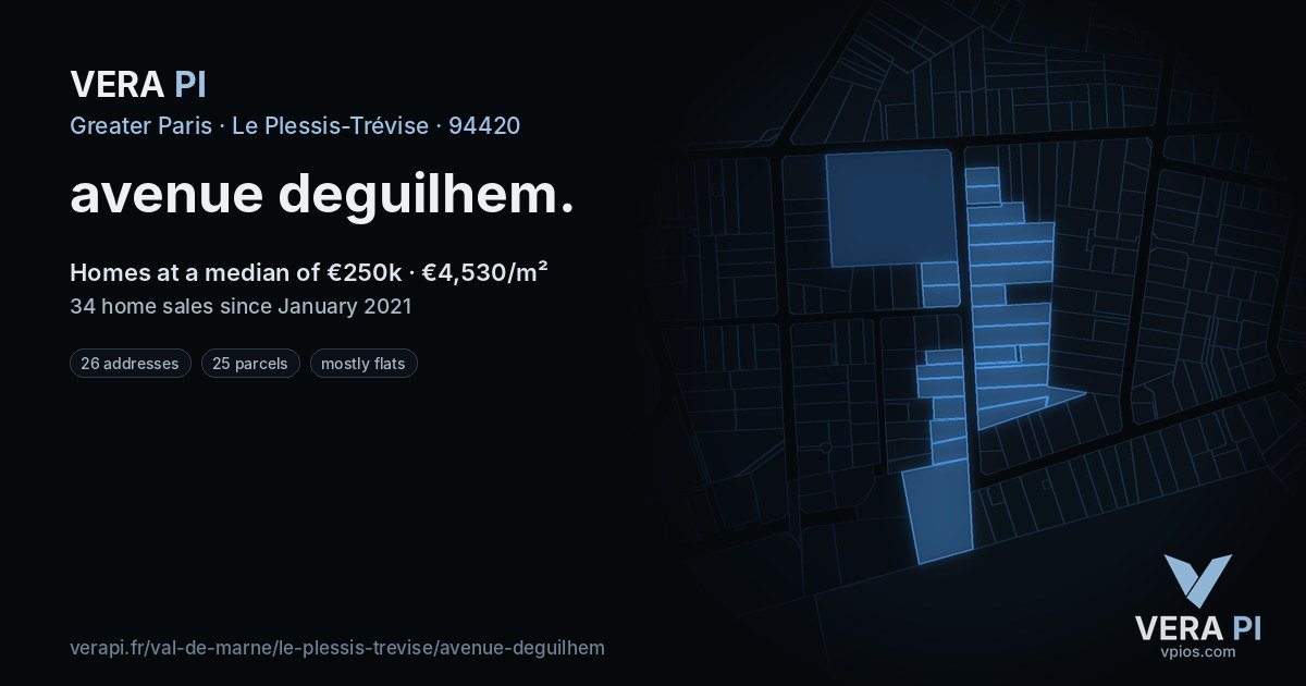 avenue deguilhem, Le Plessis-Trévise at night – every parcel coloured by the prices around it, the street's own parcels lit