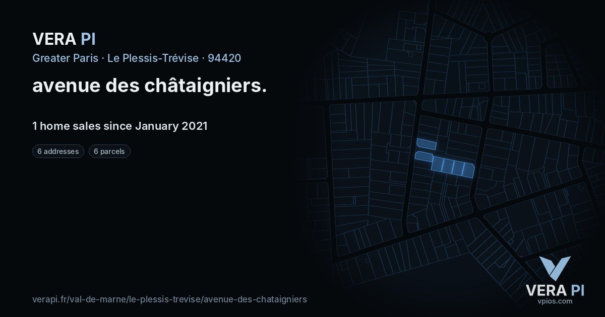 avenue des châtaigniers, Le Plessis-Trévise at night – every parcel coloured by the prices around it, the street's own parcels lit