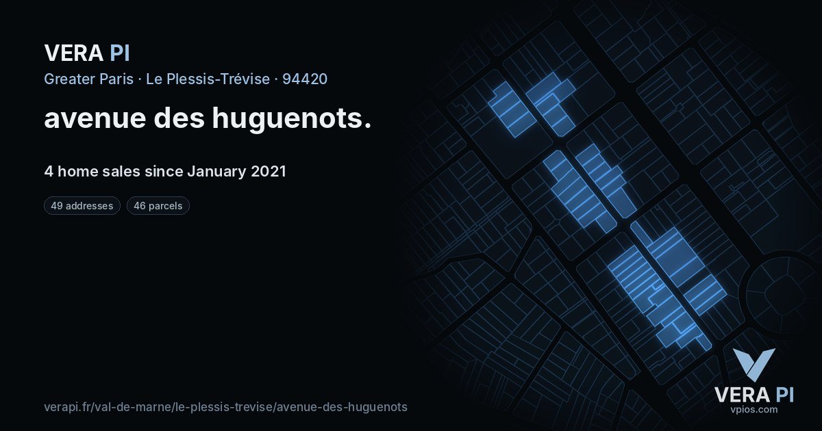 avenue des huguenots, Le Plessis-Trévise at night – every parcel coloured by the prices around it, the street's own parcels lit