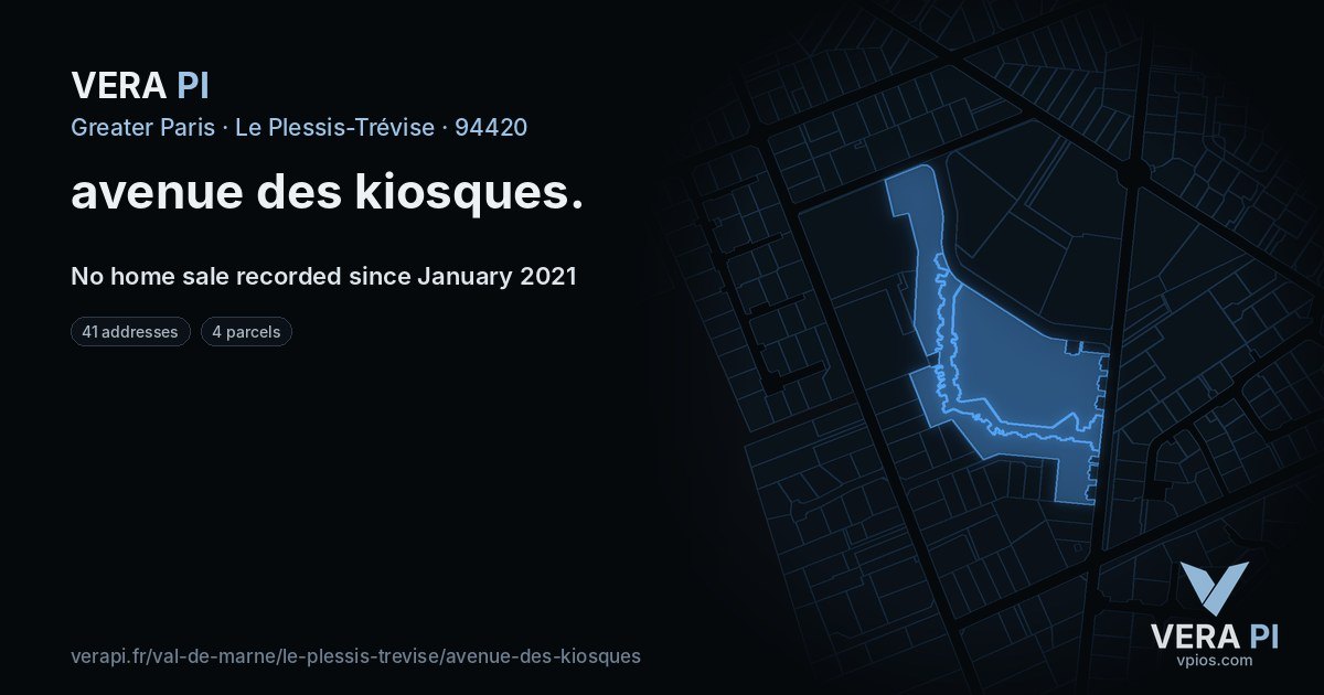 avenue des kiosques, Le Plessis-Trévise at night – every parcel coloured by the prices around it, the street's own parcels lit