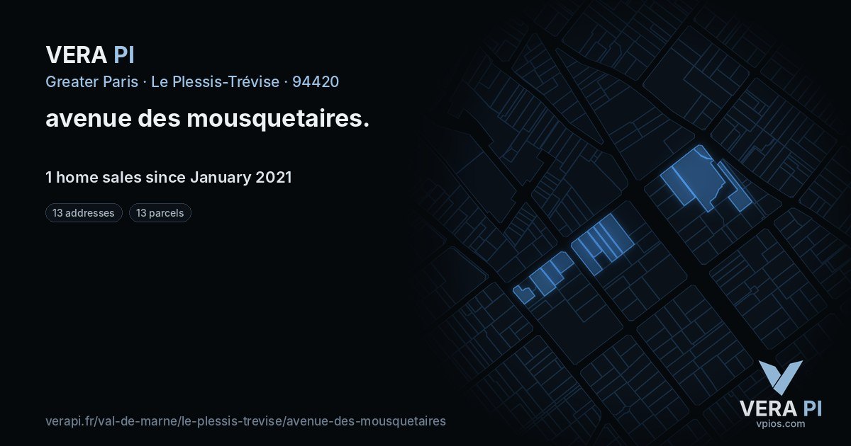 avenue des mousquetaires, Le Plessis-Trévise at night – every parcel coloured by the prices around it, the street's own parcels lit