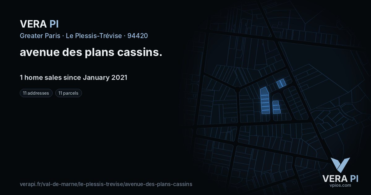 avenue des plans cassins, Le Plessis-Trévise at night – every parcel coloured by the prices around it, the street's own parcels lit