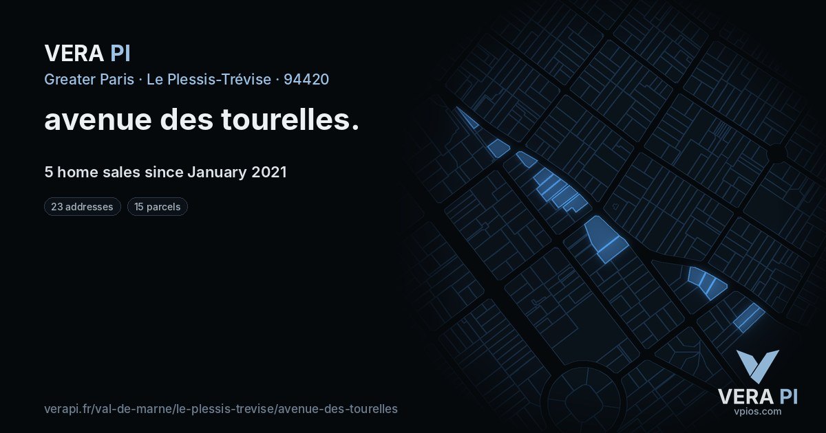 avenue des tourelles, Le Plessis-Trévise at night – every parcel coloured by the prices around it, the street's own parcels lit