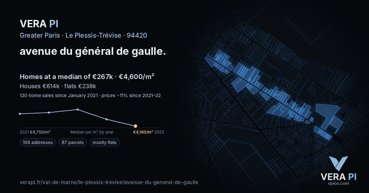 avenue du général de gaulle, Le Plessis-Trévise at night – every parcel coloured by the prices around it, the street's own parcels lit