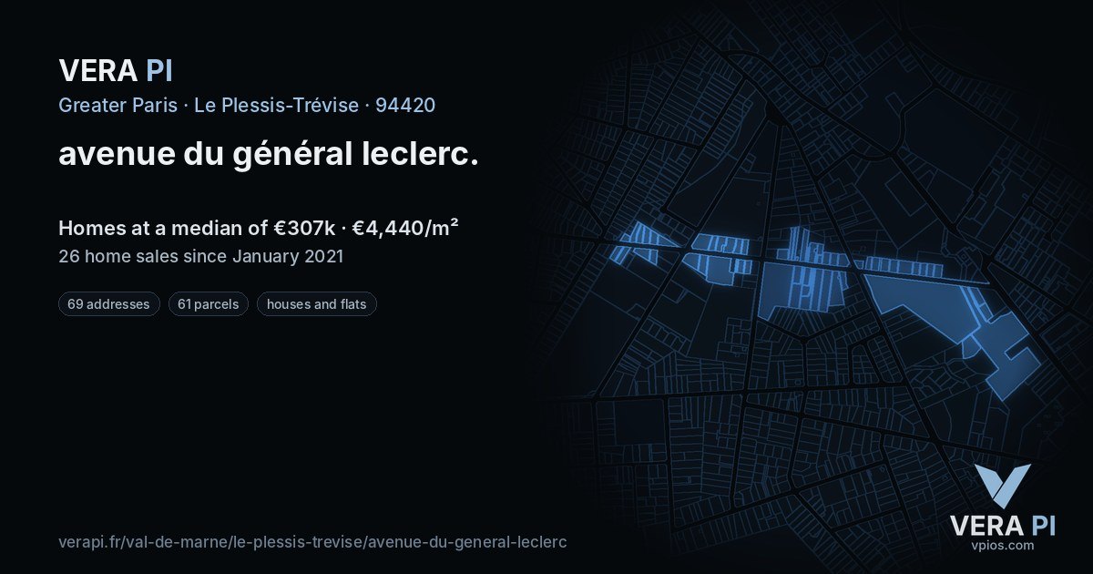 avenue du général leclerc, Le Plessis-Trévise at night – every parcel coloured by the prices around it, the street's own parcels lit