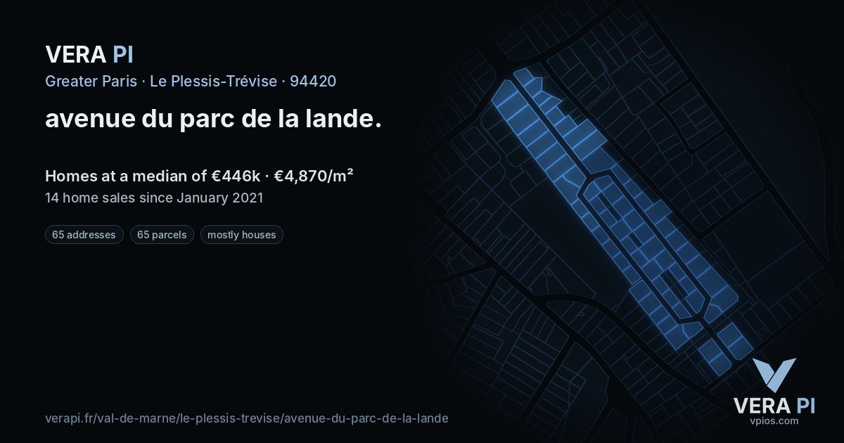 avenue du parc de la lande, Le Plessis-Trévise at night – every parcel coloured by the prices around it, the street's own parcels lit