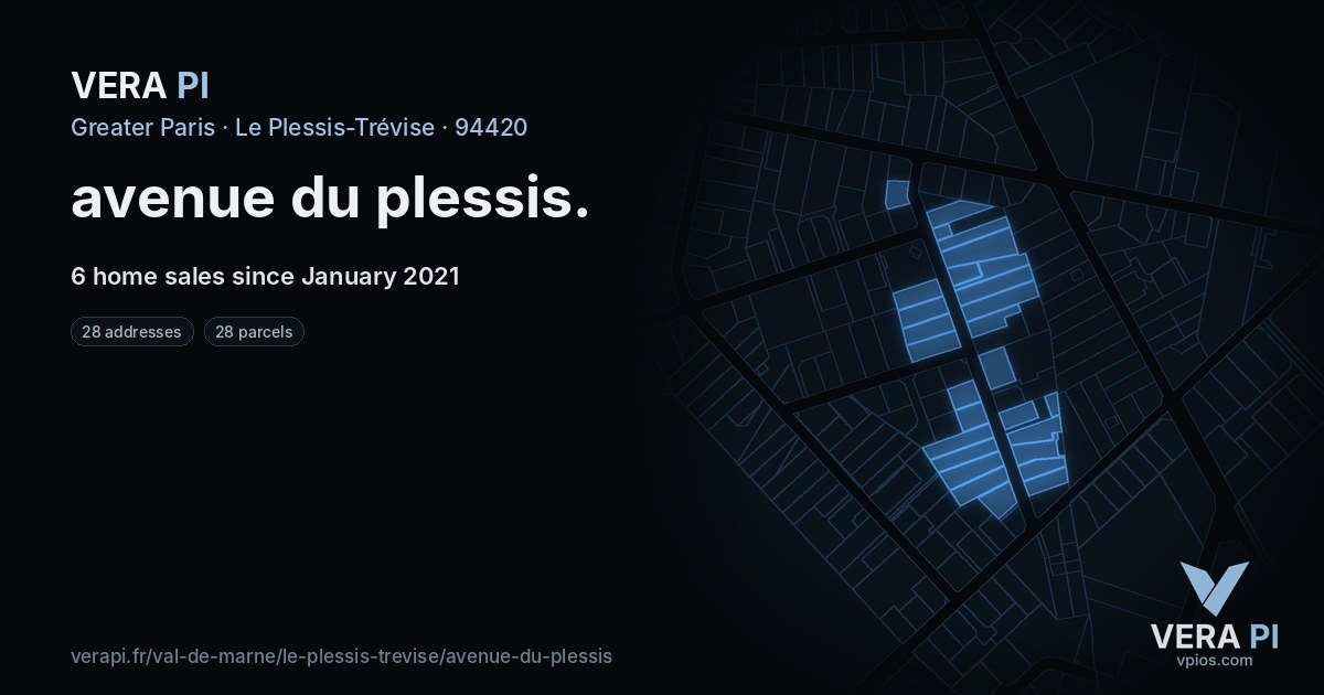 avenue du plessis, Le Plessis-Trévise at night – every parcel coloured by the prices around it, the street's own parcels lit