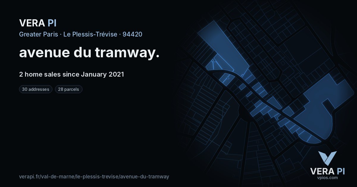 avenue du tramway, Le Plessis-Trévise at night – every parcel coloured by the prices around it, the street's own parcels lit