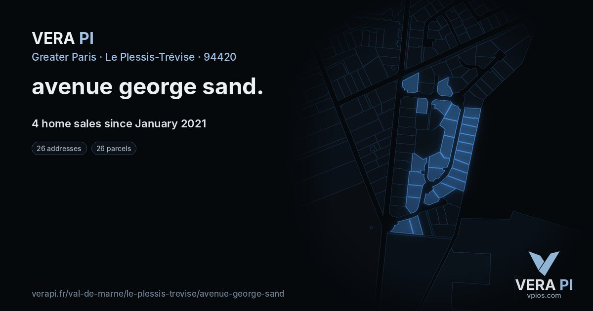 avenue george sand, Le Plessis-Trévise at night – every parcel coloured by the prices around it, the street's own parcels lit