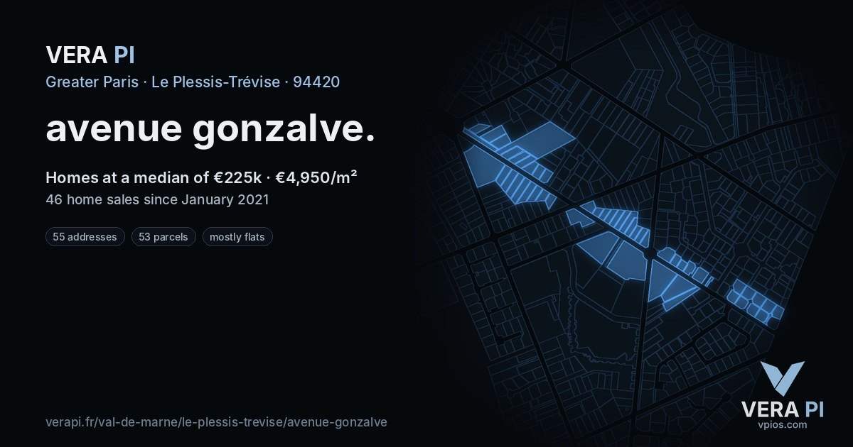 avenue gonzalve, Le Plessis-Trévise at night – every parcel coloured by the prices around it, the street's own parcels lit