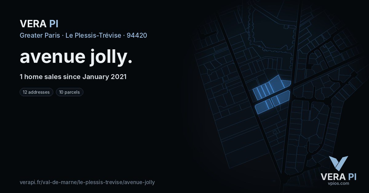avenue jolly, Le Plessis-Trévise at night – every parcel coloured by the prices around it, the street's own parcels lit