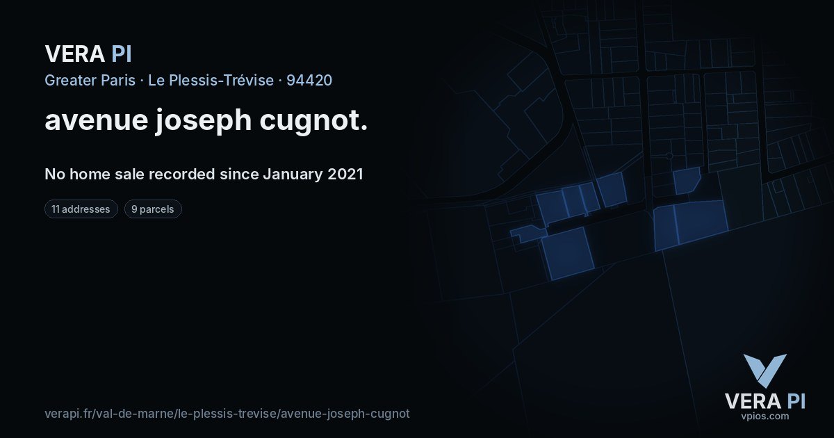 avenue joseph cugnot, Le Plessis-Trévise at night – every parcel coloured by the prices around it, the street's own parcels lit