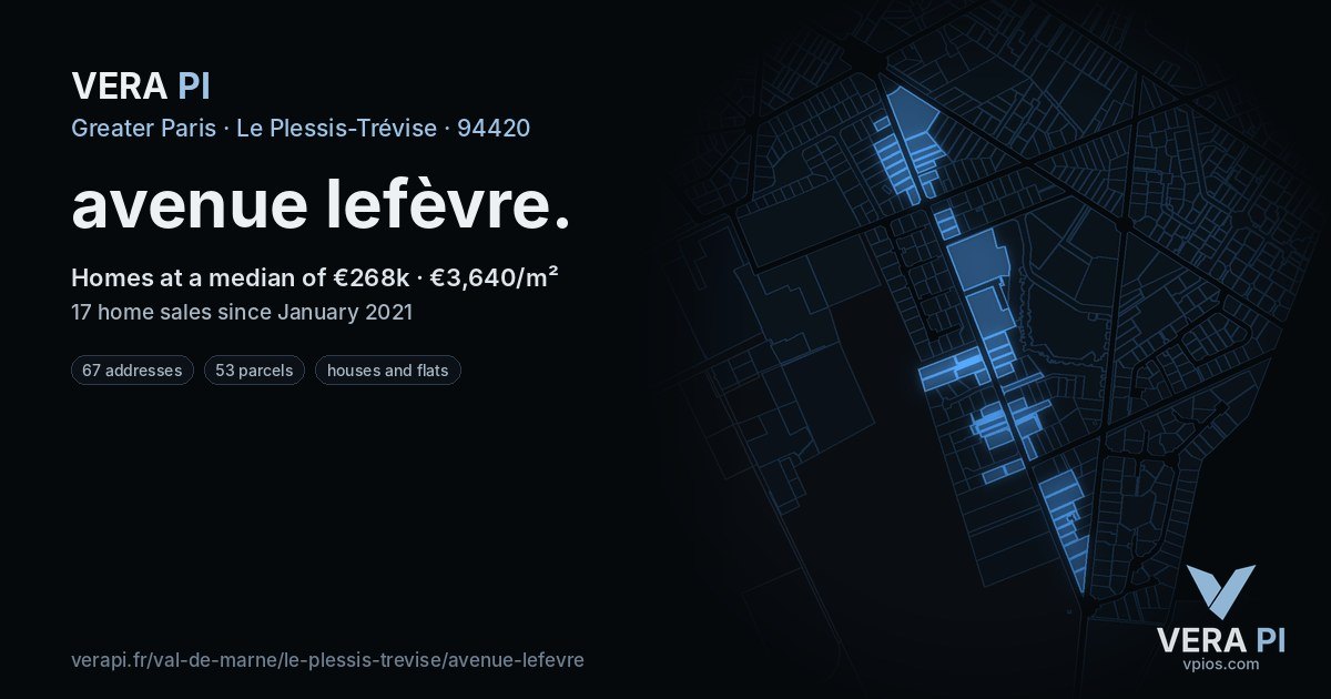 avenue lefèvre, Le Plessis-Trévise at night – every parcel coloured by the prices around it, the street's own parcels lit