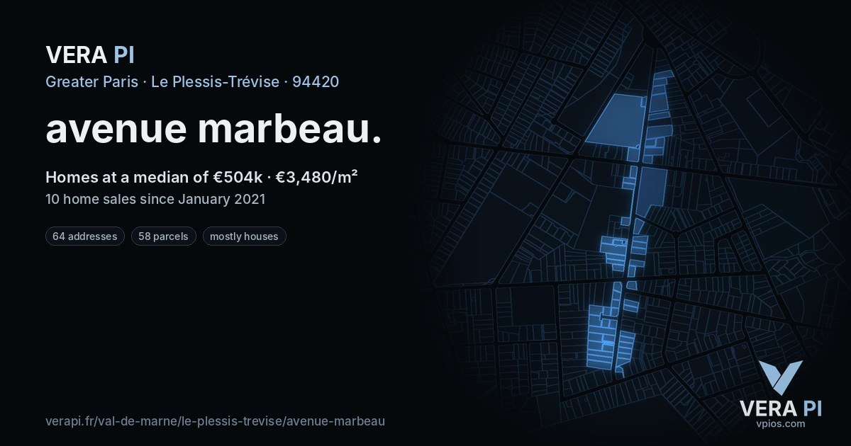 avenue marbeau, Le Plessis-Trévise at night – every parcel coloured by the prices around it, the street's own parcels lit