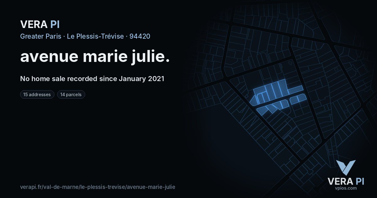 avenue marie julie, Le Plessis-Trévise at night – every parcel coloured by the prices around it, the street's own parcels lit