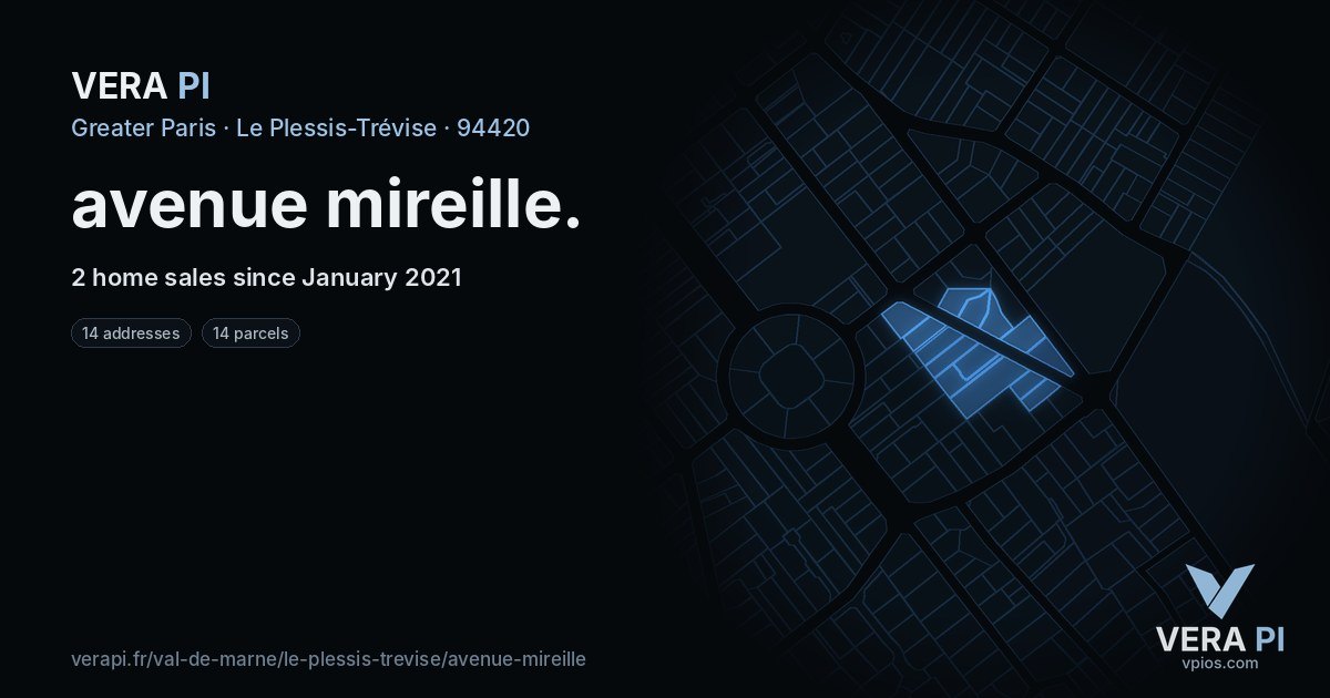 avenue mireille, Le Plessis-Trévise at night – every parcel coloured by the prices around it, the street's own parcels lit