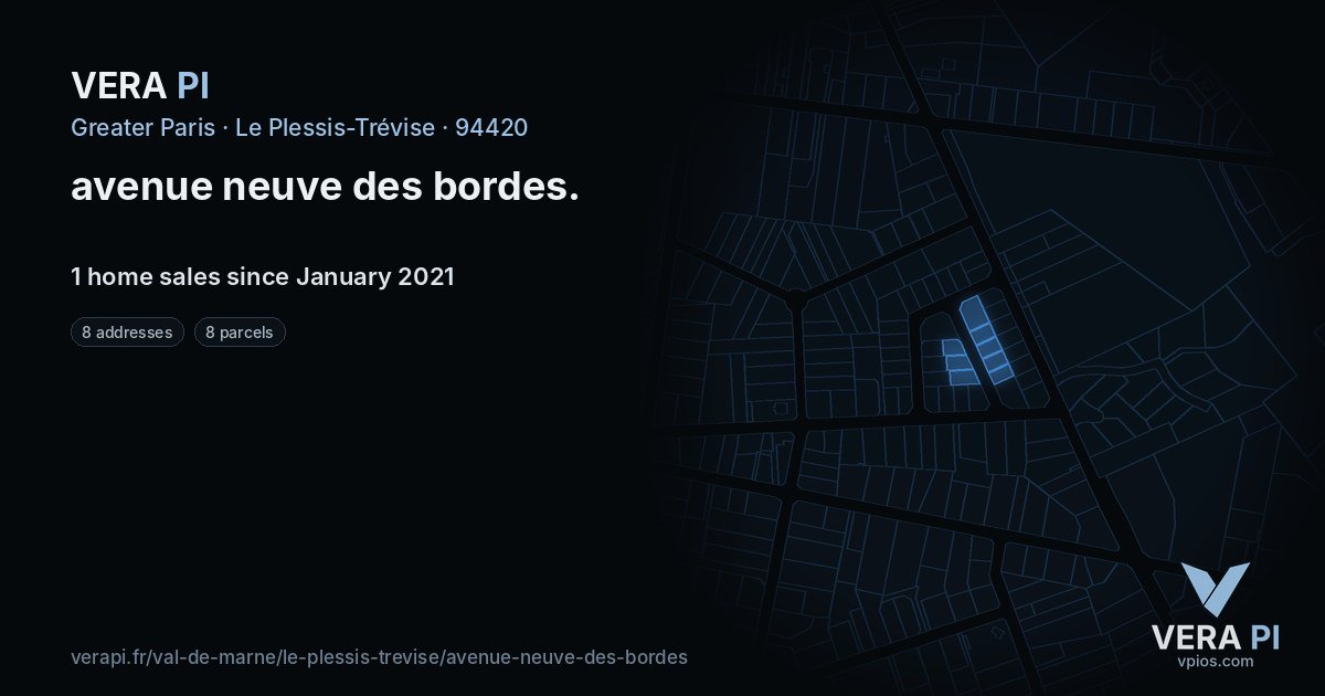 avenue neuve des bordes, Le Plessis-Trévise at night – every parcel coloured by the prices around it, the street's own parcels lit