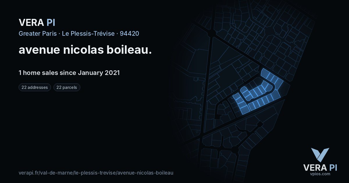 avenue nicolas boileau, Le Plessis-Trévise at night – every parcel coloured by the prices around it, the street's own parcels lit