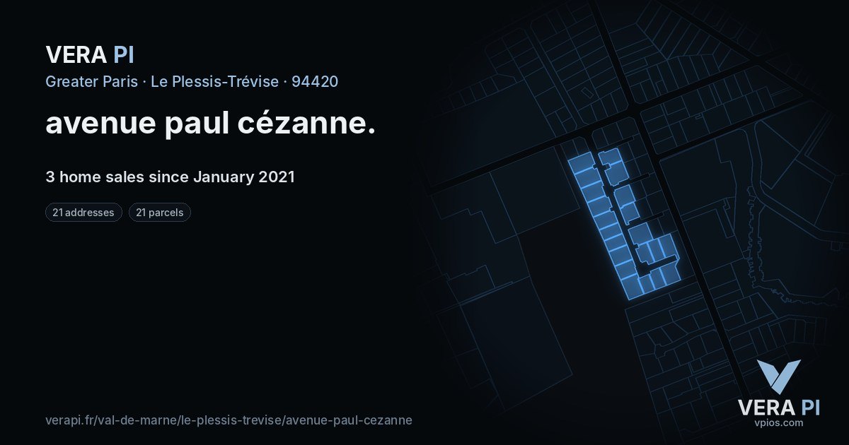 avenue paul cézanne, Le Plessis-Trévise at night – every parcel coloured by the prices around it, the street's own parcels lit