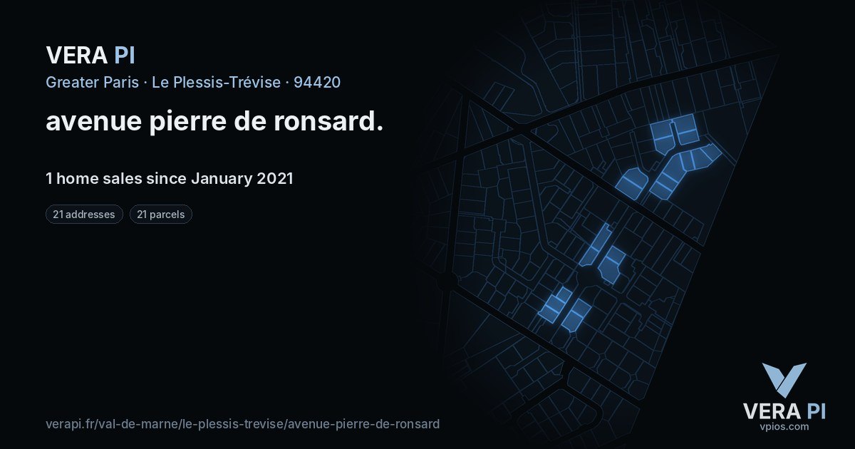 avenue pierre de ronsard, Le Plessis-Trévise at night – every parcel coloured by the prices around it, the street's own parcels lit