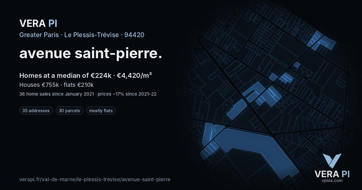 avenue saint-pierre, Le Plessis-Trévise at night – every parcel coloured by the prices around it, the street's own parcels lit