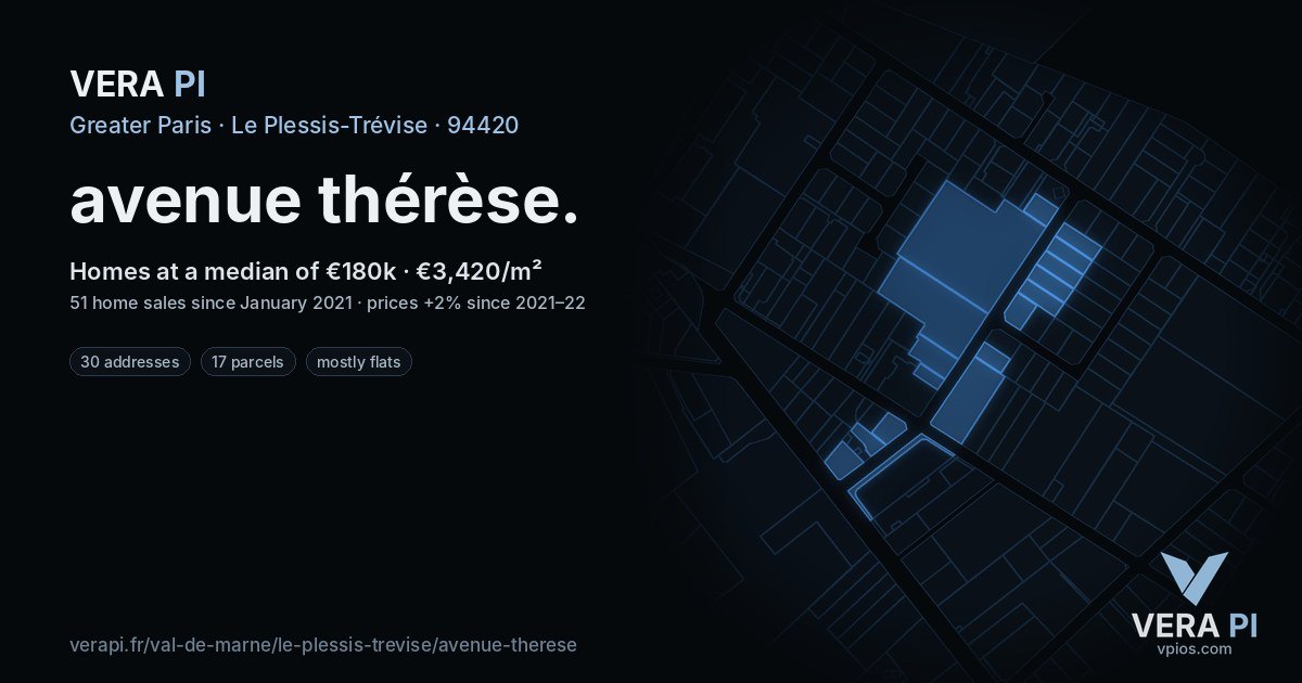 avenue thérèse, Le Plessis-Trévise at night – every parcel coloured by the prices around it, the street's own parcels lit