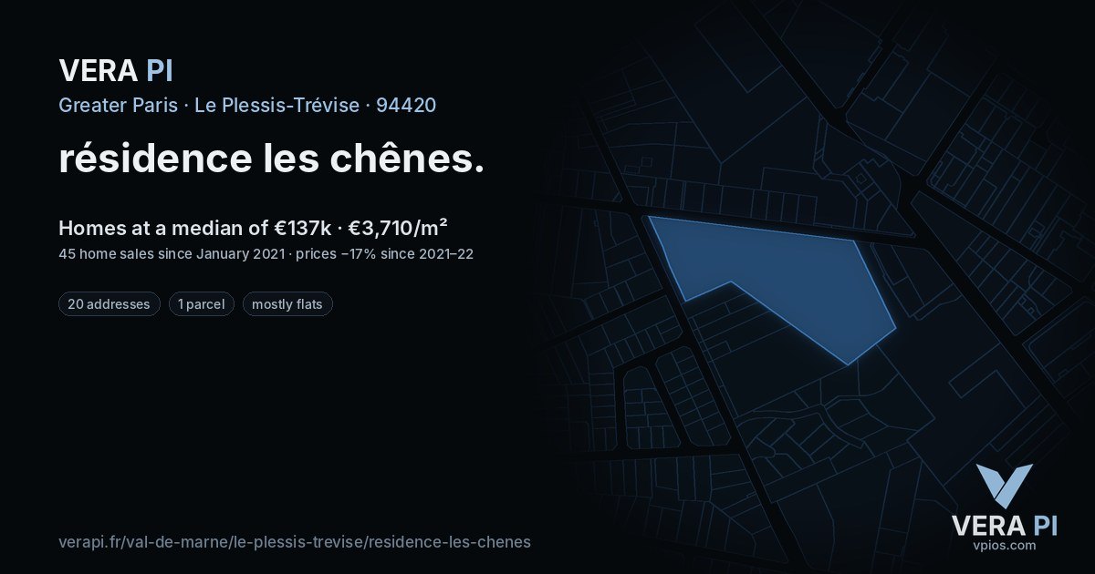 résidence les chênes, Le Plessis-Trévise at night – every parcel coloured by the prices around it, the street's own parcels lit