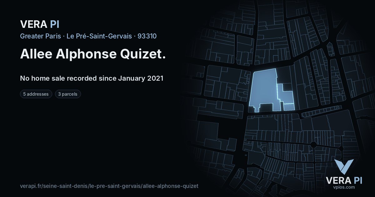 Allee Alphonse Quizet, Le Pré-Saint-Gervais at night – every parcel coloured by the prices around it, the street's own parcels lit