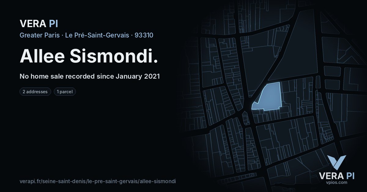 Allee Sismondi, Le Pré-Saint-Gervais at night – every parcel coloured by the prices around it, the street's own parcels lit