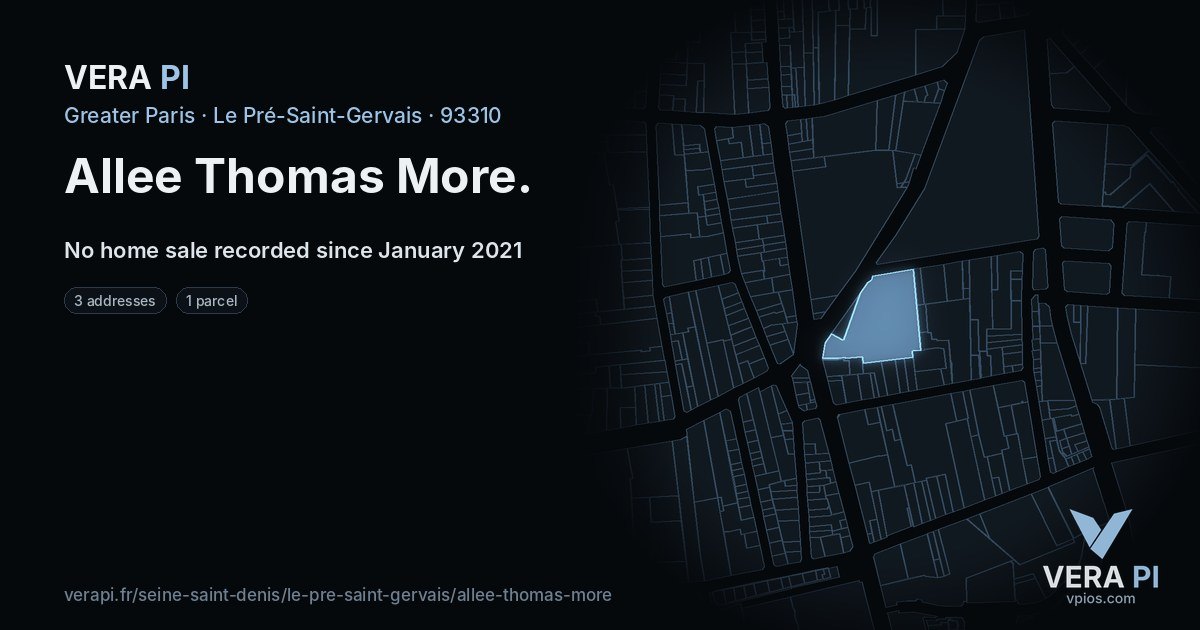 Allee Thomas More, Le Pré-Saint-Gervais at night – every parcel coloured by the prices around it, the street's own parcels lit