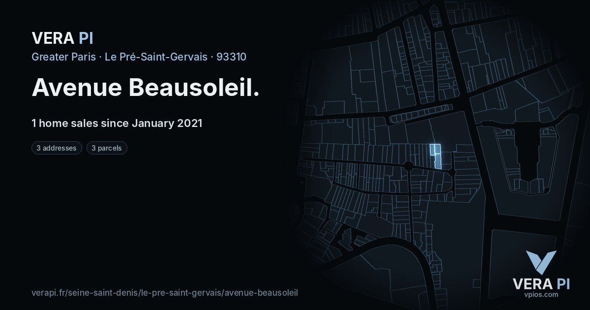 Avenue Beausoleil, Le Pré-Saint-Gervais at night – every parcel coloured by the prices around it, the street's own parcels lit