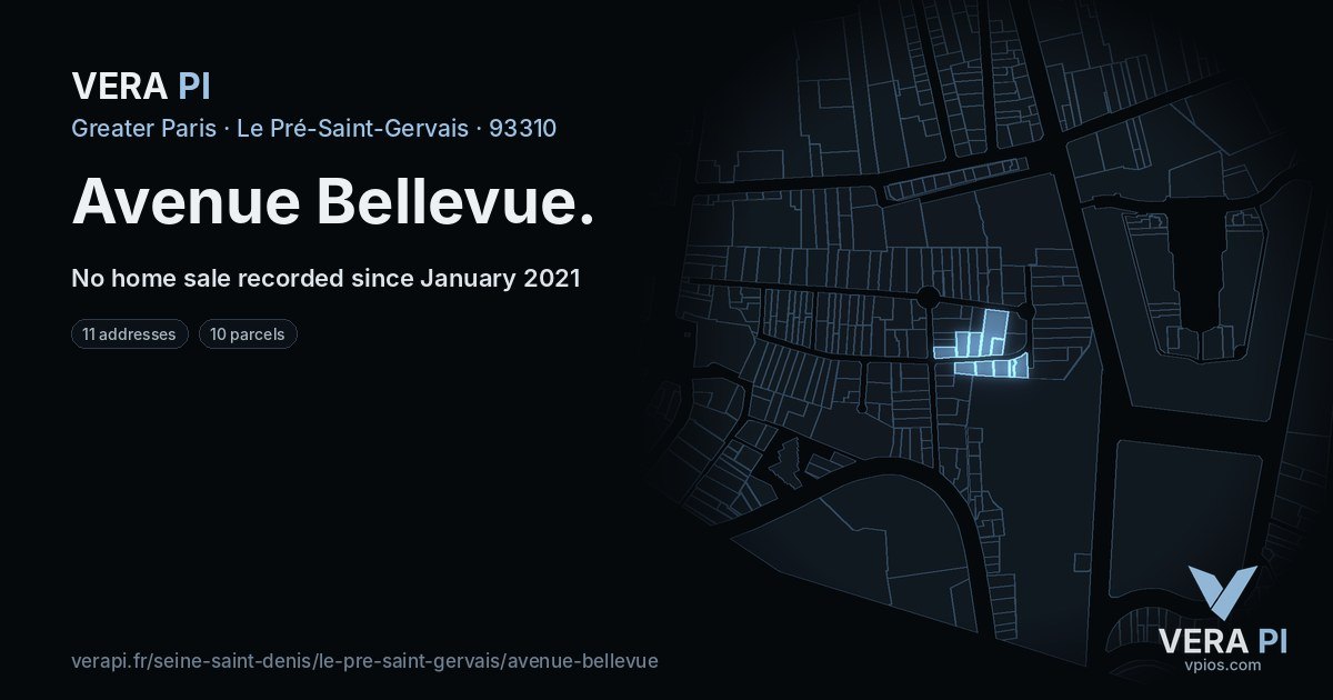 Avenue Bellevue, Le Pré-Saint-Gervais at night – every parcel coloured by the prices around it, the street's own parcels lit