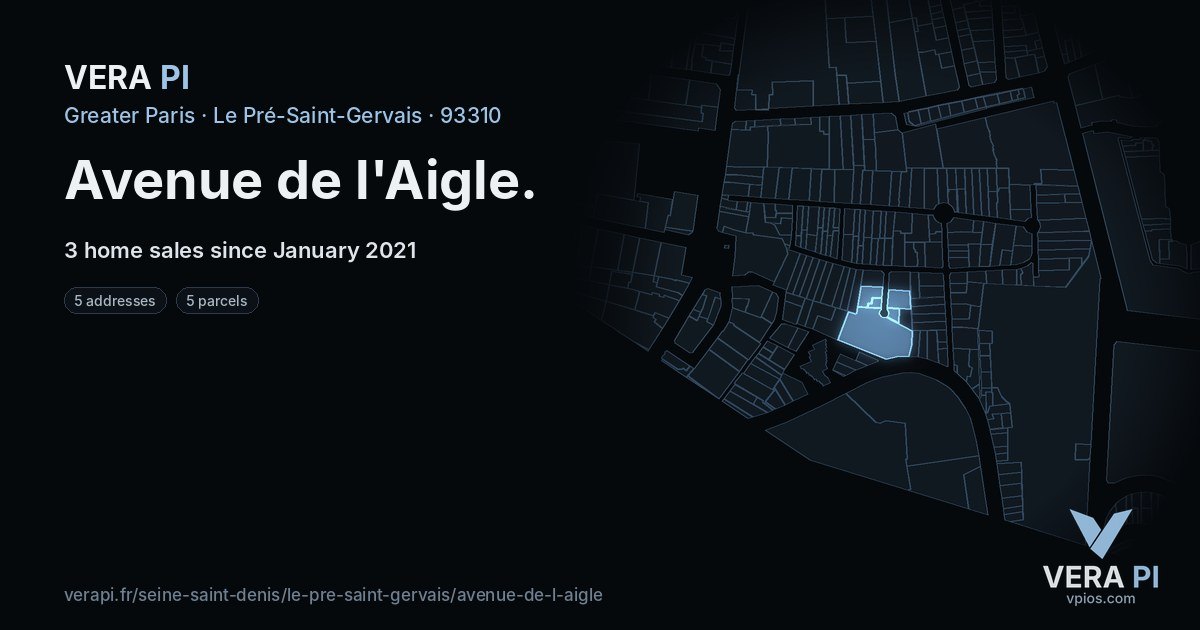 Avenue de l'Aigle, Le Pré-Saint-Gervais at night – every parcel coloured by the prices around it, the street's own parcels lit
