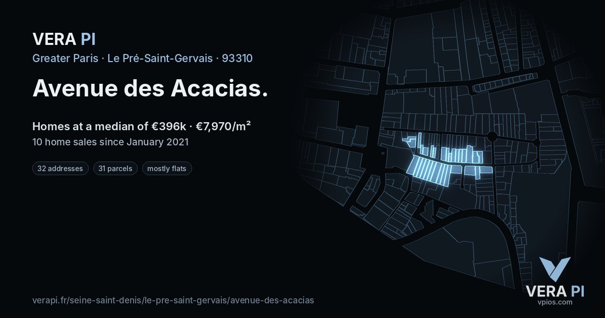 Avenue des Acacias, Le Pré-Saint-Gervais at night – every parcel coloured by the prices around it, the street's own parcels lit
