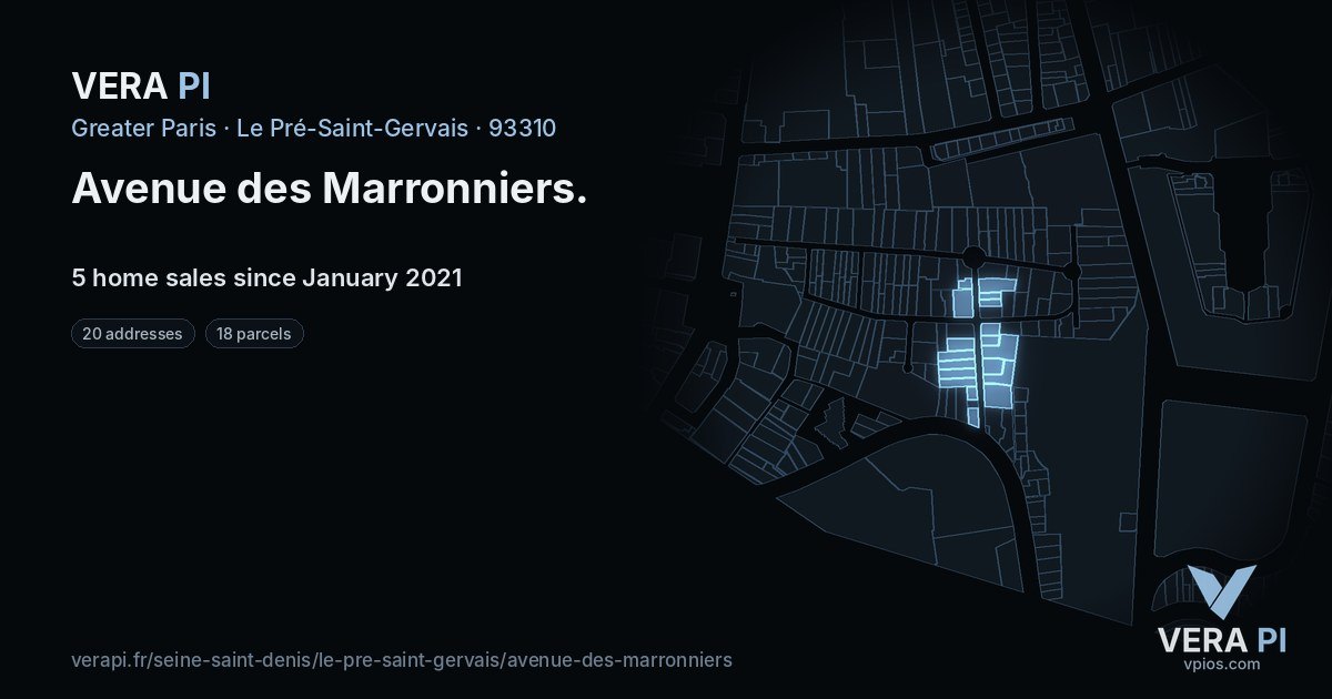 Avenue des Marronniers, Le Pré-Saint-Gervais at night – every parcel coloured by the prices around it, the street's own parcels lit